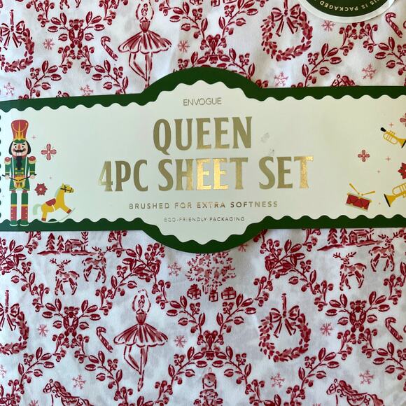 Envogue QUEEN 4pc Sheet Set Nutcracker Toile Christmas Bedding Red & White New - Picture 3 of 10